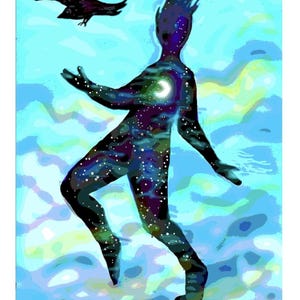 以下が含まれることがあります： 星が降る夜空が体の中に広がった人物が、黒いカラスが飛ぶ雲の上に立っているデジタルイラスト。画像の下に「O The Fool」という文字が書かれている。