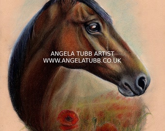パステル画の馬とポピーのオリジナルイラストまたはA4サイズプリント