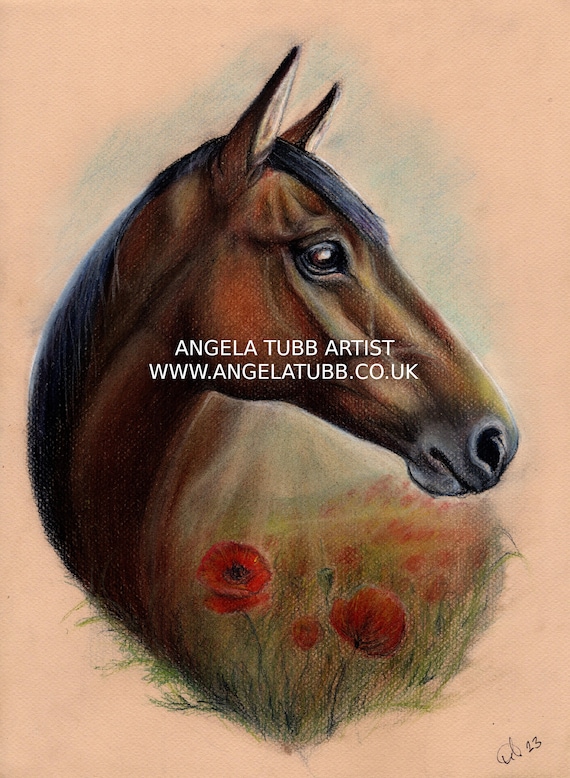 beautiful horse 絵画アート原画　パステル画 パステル画の馬とポピーのオリジナルイラストまたはA4サイズプリント