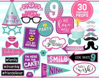 9th Birthday Printable, PHOTO BOOTH PROPS, Pink, Purple, Turquoise, 9th Birthday Party, birthday props, selfie props, instant download