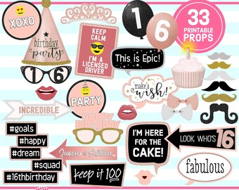 16th BIRTHDAY, Photo Booth Props, Rose Gold 16th Birthday Party, 16th Birthday Party Idea, Sweet 16, printable props, instant download