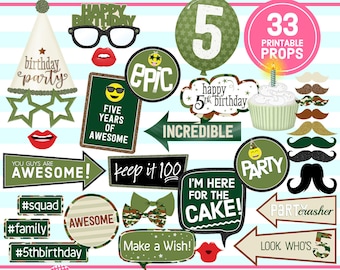 5th Birthday Props, PHOTO BOOTH PROPS, 5th Birthday Party, birthday printable, camouflage, camo party, instant download, pdf