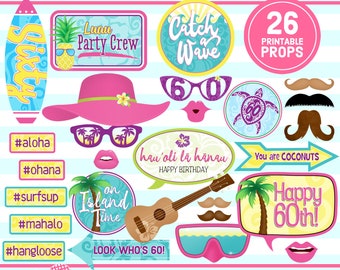 HAWAIIAN LUAU 60th BIRTHDAY, Photo Booth Props, 60th birthday party, party printable, luau party idea, printable props, instant download