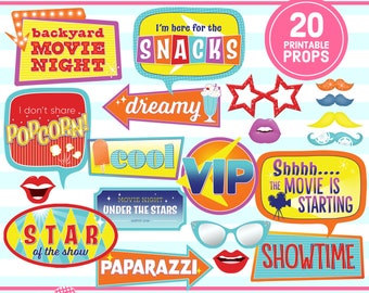 Backyard Movie Night Photo Booth Props, 1950s Retro (Digital Download)