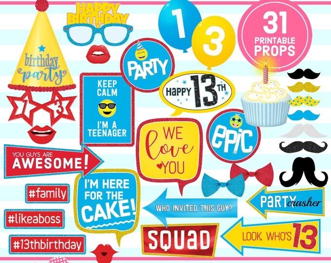 13th Birthday Printable, PHOTO BOOTH PROPS, 13th Birthday Party ...