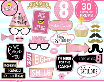 8th Birthday, PHOTO BOOTH PROPS, Pink, Gold, 8th Birthday Party, birthday printable, birthday props, selfie props, instant download