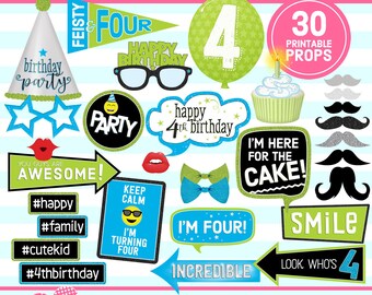 4th Birthday Printable, PHOTO BOOTH PROPS, Blue, Lime Green, 4th Birthday Party, birthday props, selfie, digital download, instant download