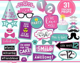 12th Birthday Printable, PHOTO BOOTH PROPS, Pink, Purple, Turquoise, 12th Birthday Party, birthday props, selfie props, instant download