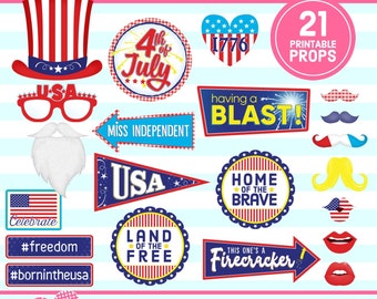 July 4th Photo Booth Props, USA Patriotic Printables (Digital Download)