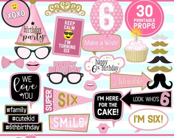 6th Birthday, PHOTO BOOTH PROPS, Pink, Gold, 6th Birthday Party, birthday printable, birthday props, selfie props, instant download