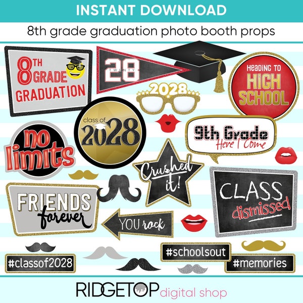 8th GRADE GRADUATION photo booth props, Class of 2028, Printable Photo Props, middle school, high school, 8th grade promotion ceremony