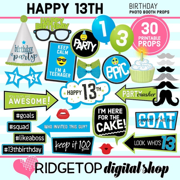 13th Birthday, PHOTO BOOTH PROPS, Blue, Lime Green, 13th Birthday Party, birthday props, party printable, digital download, instant download