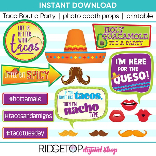 TACO BOUT a PARTY, Photo Booth Props, printable, diy party idea, Cinco de Mayo, Taco Tuesday, Taco Graduation, party printable, taco party