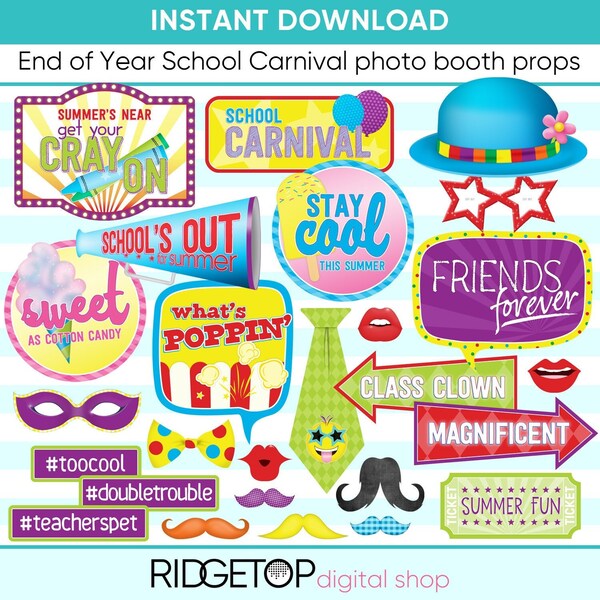End of Year SCHOOL CARNIVAL Photo Booth Props, printable props, classroom party, elementary school party