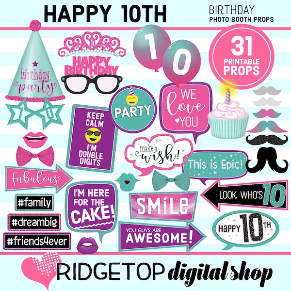 10th Birthday Printable, PHOTO BOOTH PROPS, rosa, lila, türkis, 10th Birthday Party, Geburtstag Requisiten, Selfie Requisiten, sofortiger download