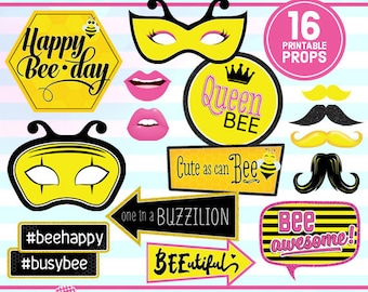 Bee Birthday Photo Booth Props, Printable Party Decorations (Digital Download)
