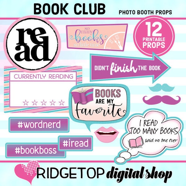 BOOK CLUB, Photo Booth Props, read, currently reading, word nerd, books are my favorite,  printable props, instant download