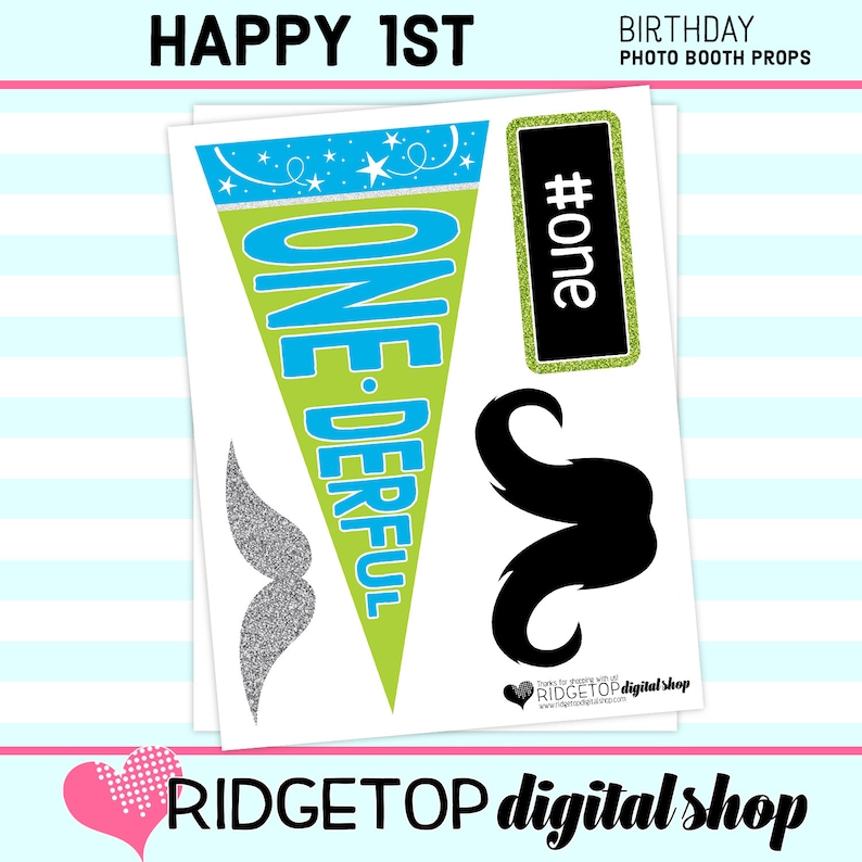 Lime Green birthday props instant download PHOTO BOOTH PROPS selfie digital download 1st Birthday Printable Blue 1st Birthday Party