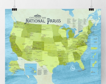 US National Parks Map Poster | Travel Tracker, Color-In Art