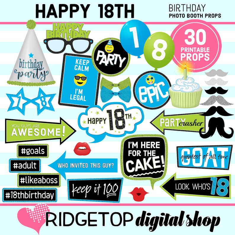 18th Birthday digital download 18th Birthday Party party printable Blue Lime Green birthday props PHOTO BOOTH PROPS instant download