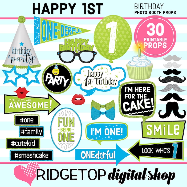 Lime Green birthday props instant download PHOTO BOOTH PROPS selfie digital download 1st Birthday Printable Blue 1st Birthday Party