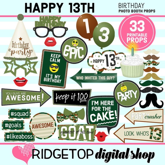 13th Birthday Props Photo Booth Props 13th Birthday Party Birthday Printable Camouflage Camo Party Instant Download Pdf By Ridgetop Digital Shop Catch My Party