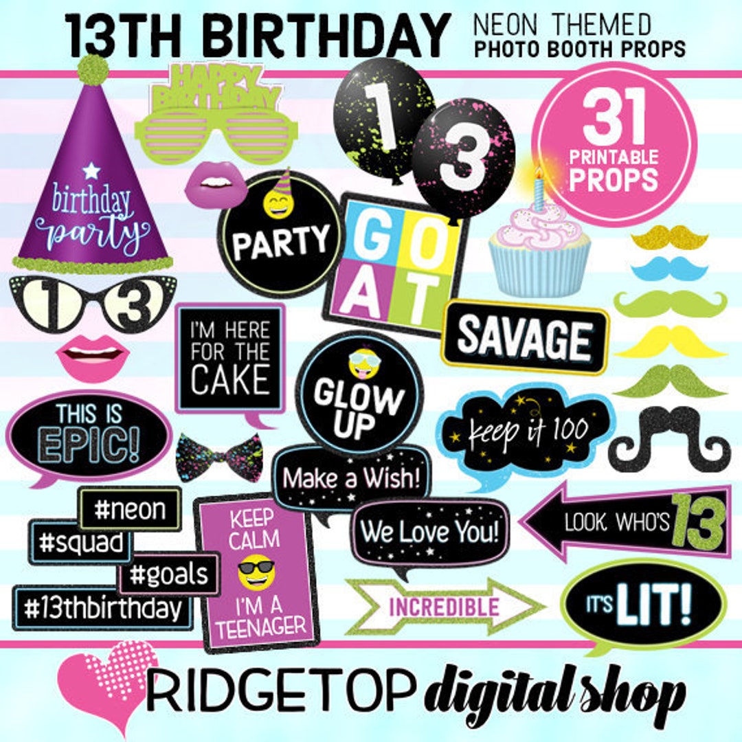 NEON 13TH BIRTHDAY, Photo Booth Props, Glow Birthday Party, Boy, Girl ...