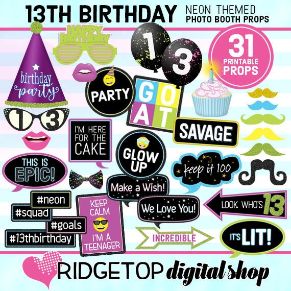 NEON 13TH BIRTHDAY, Photo Booth Props, glow birthday party, boy, girl ...