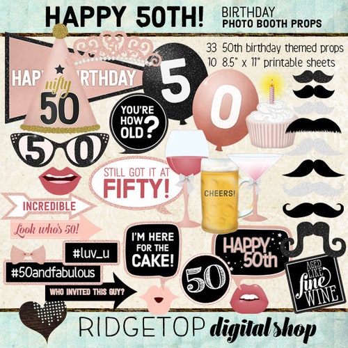 50th Birthday Printable Photo Booth Props Gold Black and - Etsy