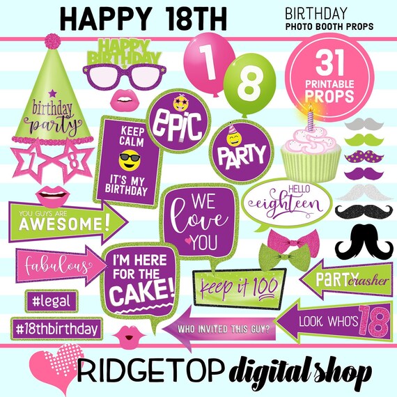 18th Birthday digital download 18th Birthday Party party printable Blue Lime Green birthday props PHOTO BOOTH PROPS instant download