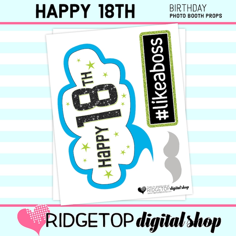 18th Birthday digital download 18th Birthday Party party printable Blue Lime Green birthday props PHOTO BOOTH PROPS instant download