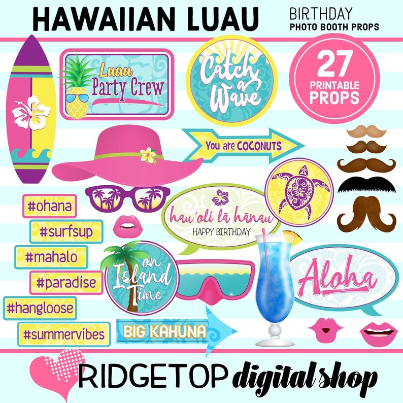 HAWAIIAN LUAU BIRTHDAY Photo Booth Props Printable Party Etsy
