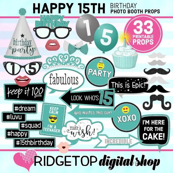 15TH BIRTHDAY, Photo Booth Props, 15th Birthday Party, turquoise party printable, tiffany blue birthday, printable props, instant download Il_570xn