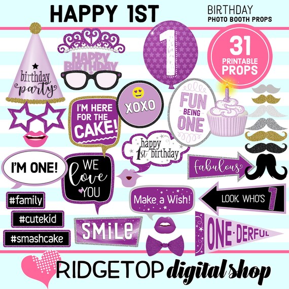 1st Birthday Printable Photo Booth Props Purple 1st Birthday Party Birthday Props Selfie Props Instant Download By Ridgetop Digital Shop Catch My Party