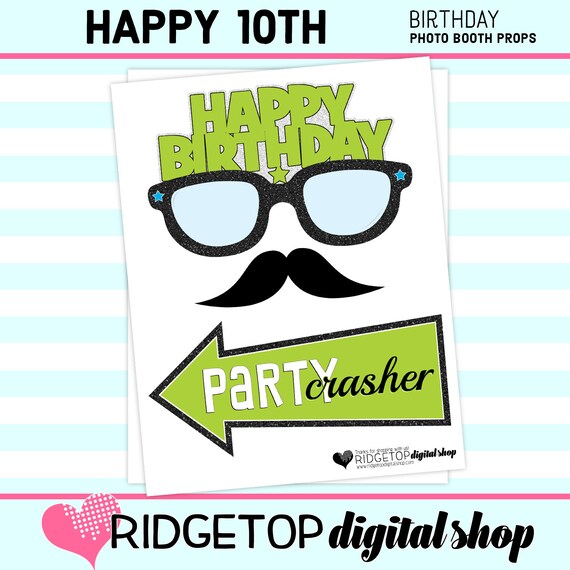 10th Birthday, PHOTO BOOTH PROPS, Blue, Lime Green, 10th Birthday Party,  birthday props, party printable, digital download, instant download