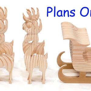 May include: Wooden reindeer and a sleigh, likely for Christmas decor. The reindeer are intricately cut with layered designs, and the sleigh has a classic shape. The text "Plans Only" is visible, suggesting these are woodworking plans.