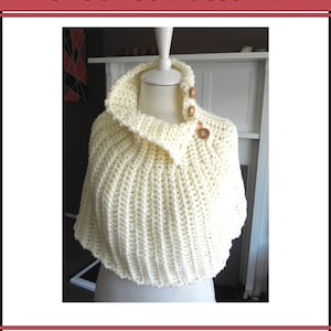 May include: A white crocheted infinity scarf with a cowl neck and wooden buttons. The scarf is displayed on a white mannequin. The text "CAPELLET INFINITY SCARF Quick and Easy Crochet Pattern Sarah Taylor" is displayed above and below the scarf.