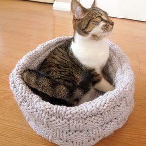 May include: A gray knitted cat bed with a tabby cat resting inside. The cat bed is made of a thick, textured yarn and has a round shape.
