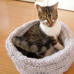 May include: A tabby cat with white fur on its chest and belly is resting in a light gray knitted cat bed.