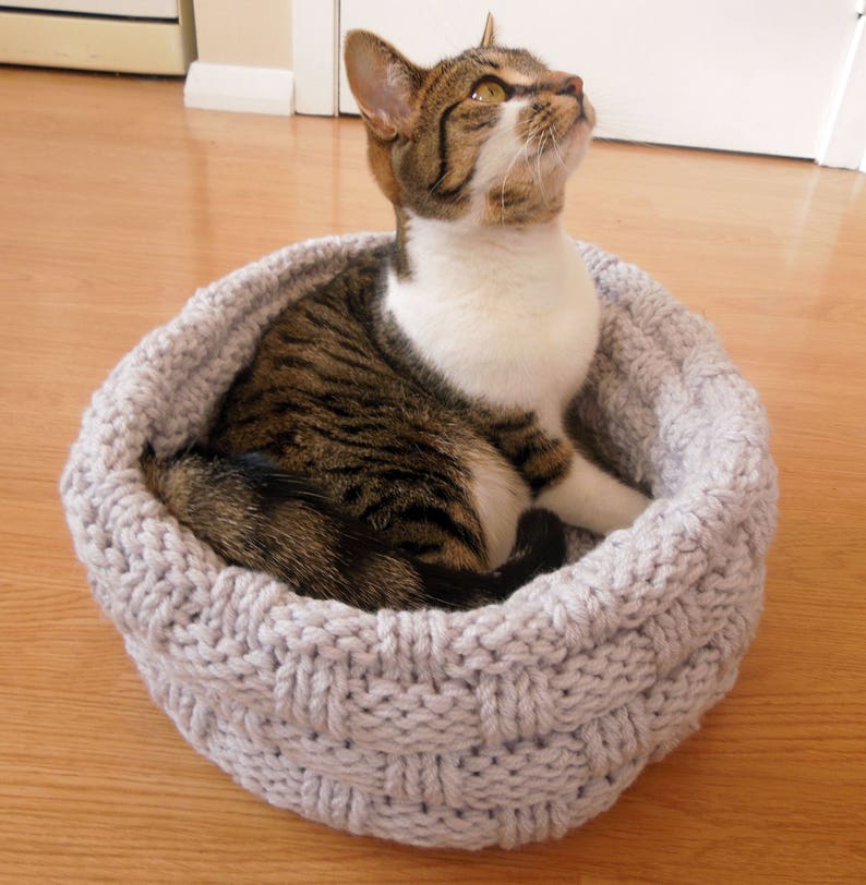 May include: A gray knitted cat bed with a tabby cat sitting inside. The cat is looking up and has white fur on its chest and paws.