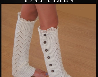 May include: A pair of white knitted leg warmers with a lace trim and button details. The leg warmers have a chevron pattern and are displayed on a person's legs. The text "LEG WARMERS KNITTING PATTERN" and "Sarah Taylor" are visible.