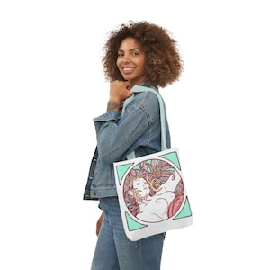 Mucha Inspired Polyester Canvas Tote Bag, Art Nouveau, Colorful Stylish Shopping, Gift For Mom, Groceries Bag