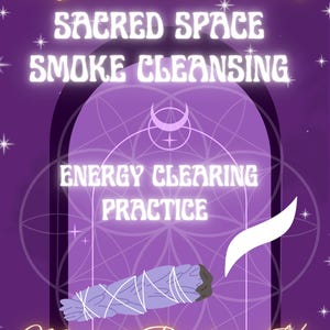 Puede incluir: Ilustración morada y blanca de un ritual de limpieza de espacio sagrado con humo. La imagen presenta un palo de incienso blanco con una punta negra, una luna creciente y el texto "Espacio Sagrado Limpieza con Humo" y "Práctica de Limpieza Energética".