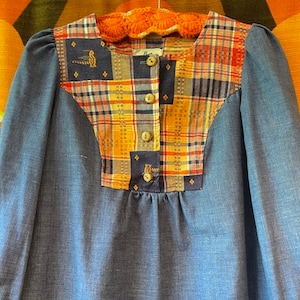 Vintage 70's 80's Byer Top Patchwork Design Smock Tent Puffy Sleeves Chambray Shirt Mod Hippie Boho Retro Festival Prairie