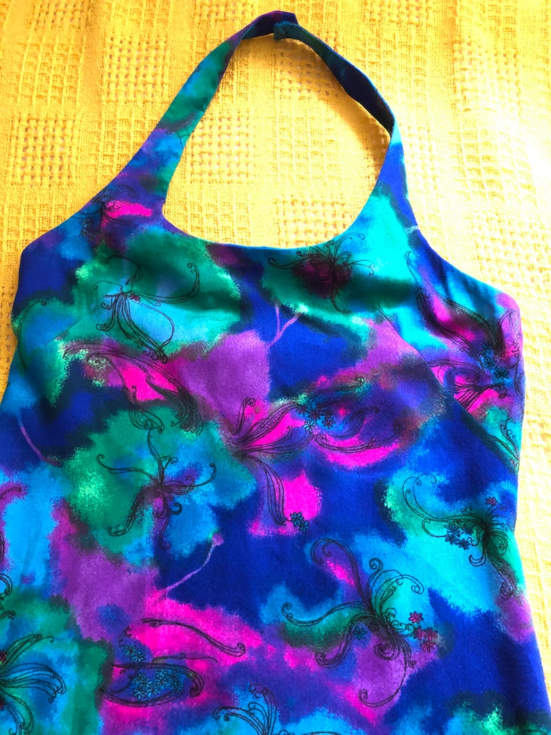 Vintage 60/'s 70/'s Tiki Hawaii Psychedelic Technicolor Flower Halter Maxi Dress Lounge with Slit Mod Hippie Boho Retro S-M