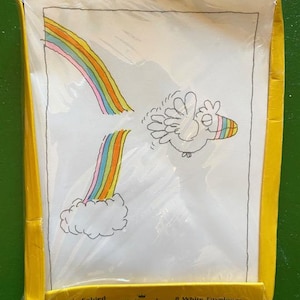 May include: A package of double-folded notes with a whimsical design. The notes feature a cartoon bird with a rainbow beak and a rainbow arching from a cloud. The package is in a yellow frame and wrapped in clear plastic. The text "Double-Folded Notes" and "Hallmark" are visible.