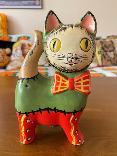 90's　猫の立体的レリーフ　壁掛けアート作品　米国　ビックスカイカーバーズ Vintage VTG MCM Lego Japan Chalkware Cat Bow Coin Piggy Bank Mod