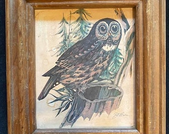 VTG Vintage 70's J O'brien Framed Owl Lithograph Retro Home Decor