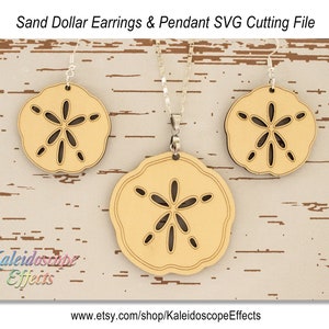 May include: A set of three wooden sand dollar earrings and pendant. The earrings and pendant are cut from wood and have a natural wood finish. The sand dollars are a light brown color and have a detailed design.