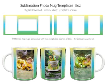 Könnte beinhalten: Weiße 312ml Sublimations-Tassen-Vorlagen mit Farbverlauf. Das Bild zeigt die Vorlagen und Beispiele für personalisierte Tassen mit Fotos und Grafiken. Der Text auf dem Bild lautet: "Sublimation Photo Mug Templates 11oz" und "Digital Download - includes both templates shown".
